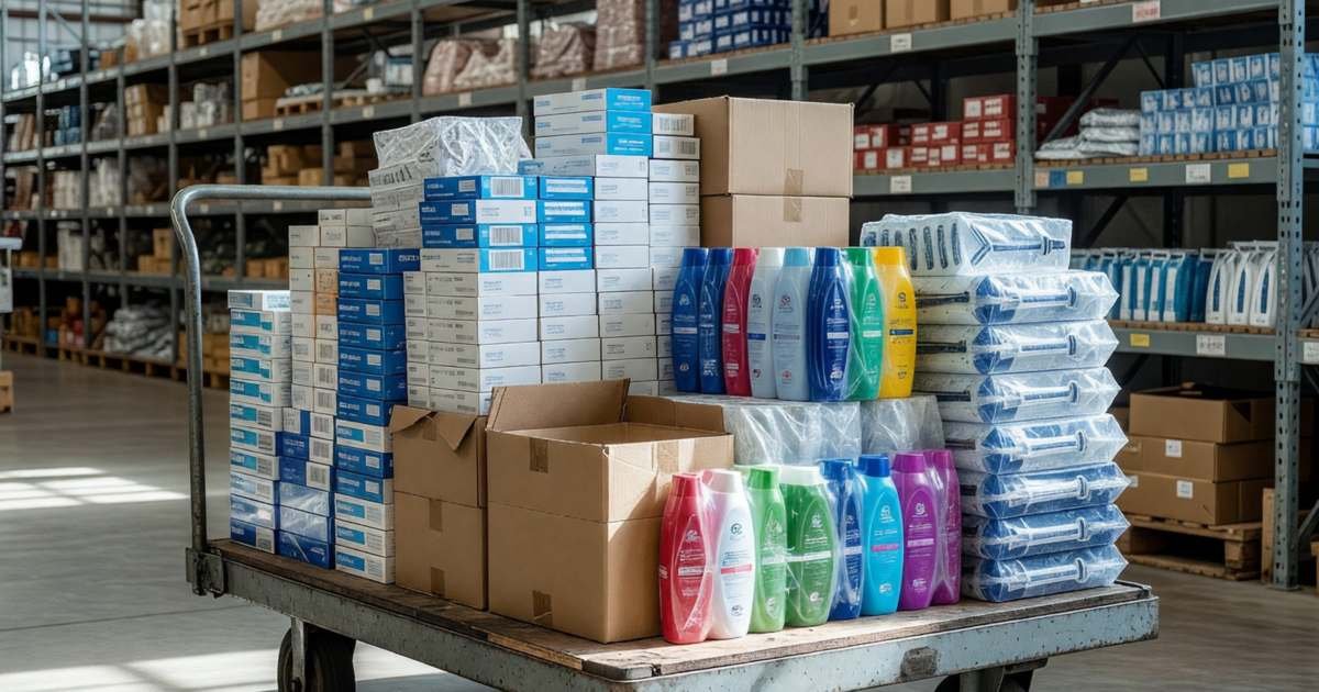 A warehouse store flatbed cart with bulk toothpaste, shampoo and razor packs, illustrating Costco personal care, what is worth buying in bulk.