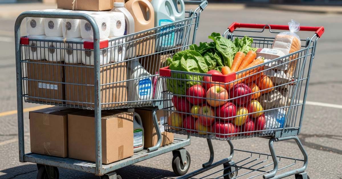 Two different shopping carts side by side, one oversized warehouse cart with bulk packs and one small supermarket cart with fresh produce and a few staples, illustrating splitting your grocery cart between Costco and No Frills.