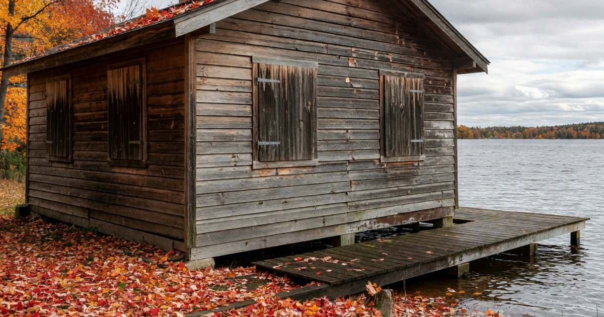 A wooden lakeside cottage with a woodstove chimney and a dock, closed up for the season, illustrating cottage and seasonal dwelling insurance in Canada.