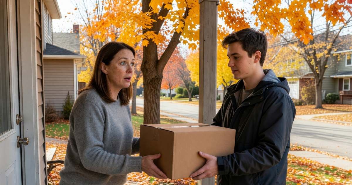 A woman at her front door being handed a parcel by a courier, looking surprised, illustrating courier brokerage fees on clothing orders.