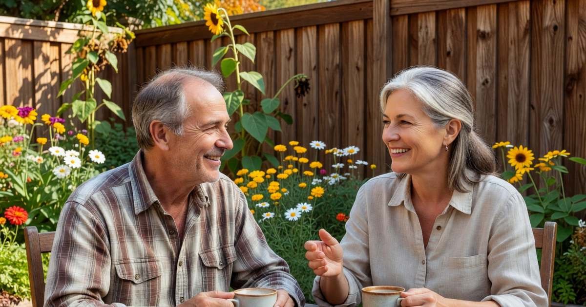 A couple in their early sixties having coffee together on a sunny back deck, talking about retirement plans, illustrating choosing CPP at 60, 65 or 70 and the OAS clawback.