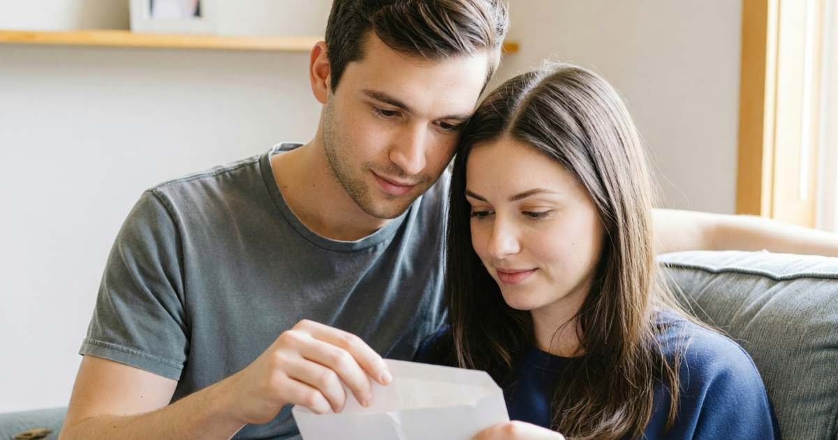 A newlywed couple in casual clothes on their sofa, the woman opening a plain envelope while the man reads over her shoulder, illustrating telling the CRA and updating benefits after the wedding.