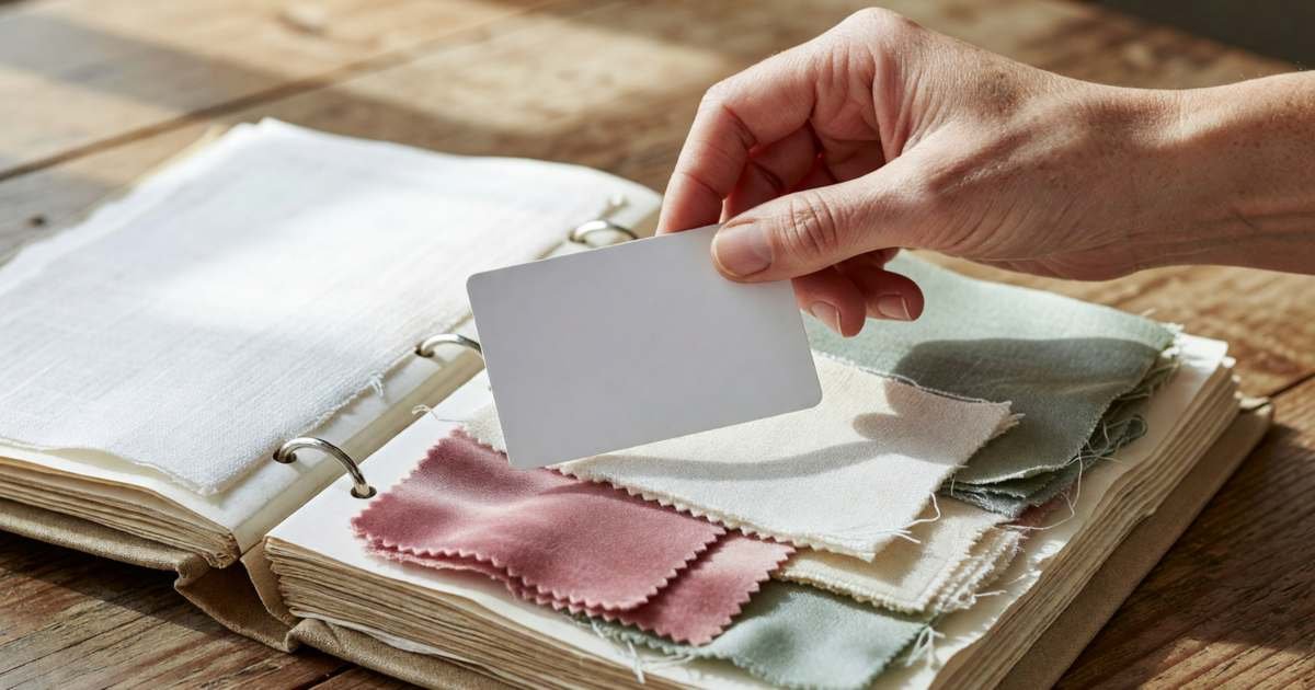 A hand holding a plain blank credit card above a wedding planning binder with fabric swatches, illustrating credit card points and welcome bonuses on wedding spending.