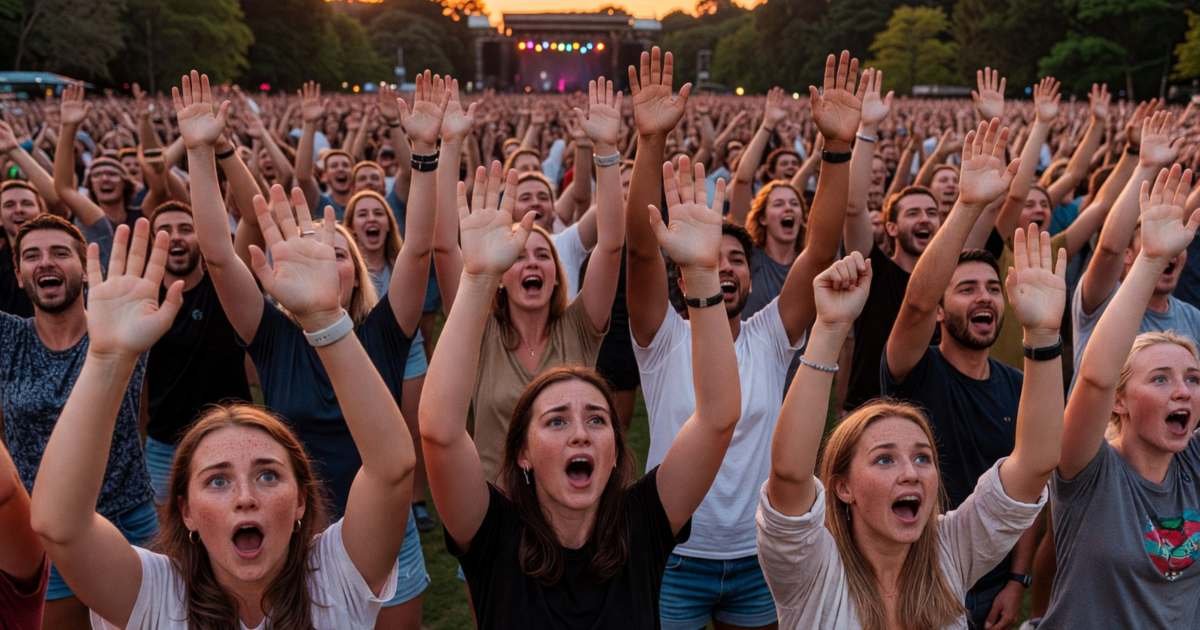 A crowd at an outdoor summer concert with hands in the air, illustrating credit card presales and ticket perks.