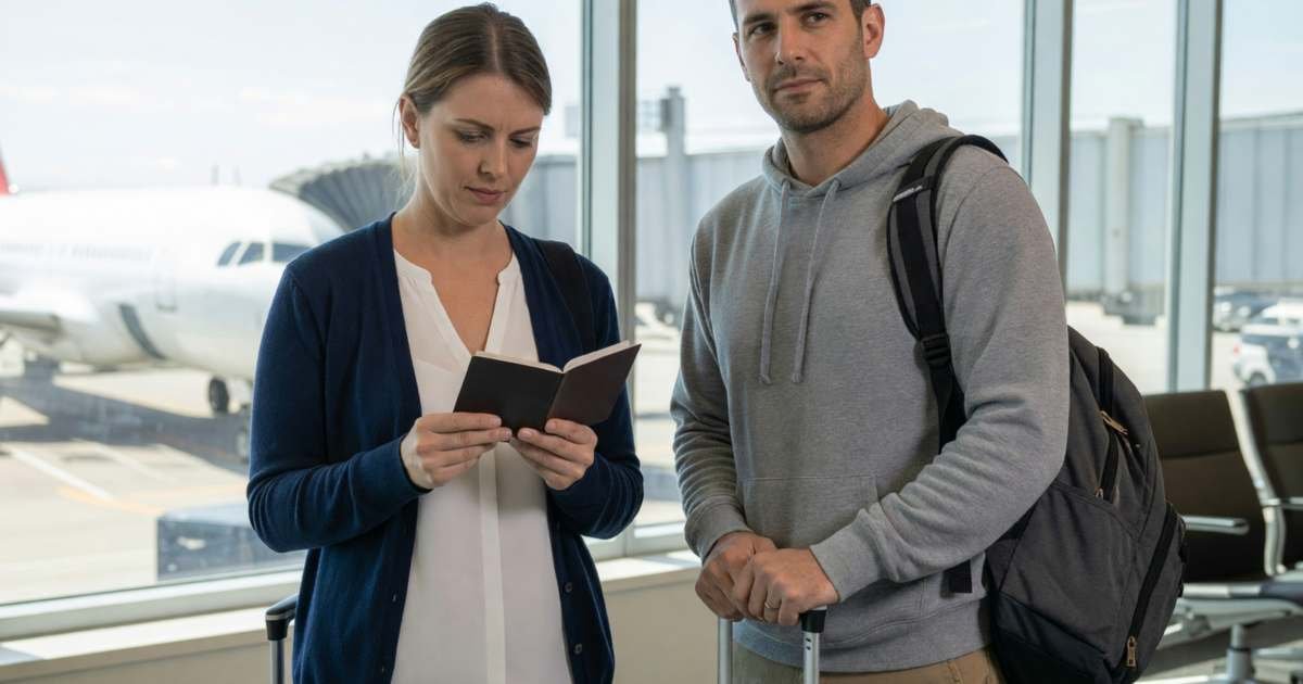 A couple at an airport gate waiting with carry-on bags, the woman checking her passport, illustrating credit card travel medical insurance in Canada.