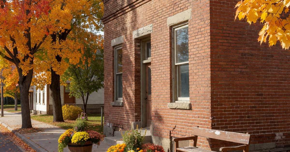 A small-town credit union branch in a brick heritage building on a main street, illustrating credit unions vs online banks in Canada.