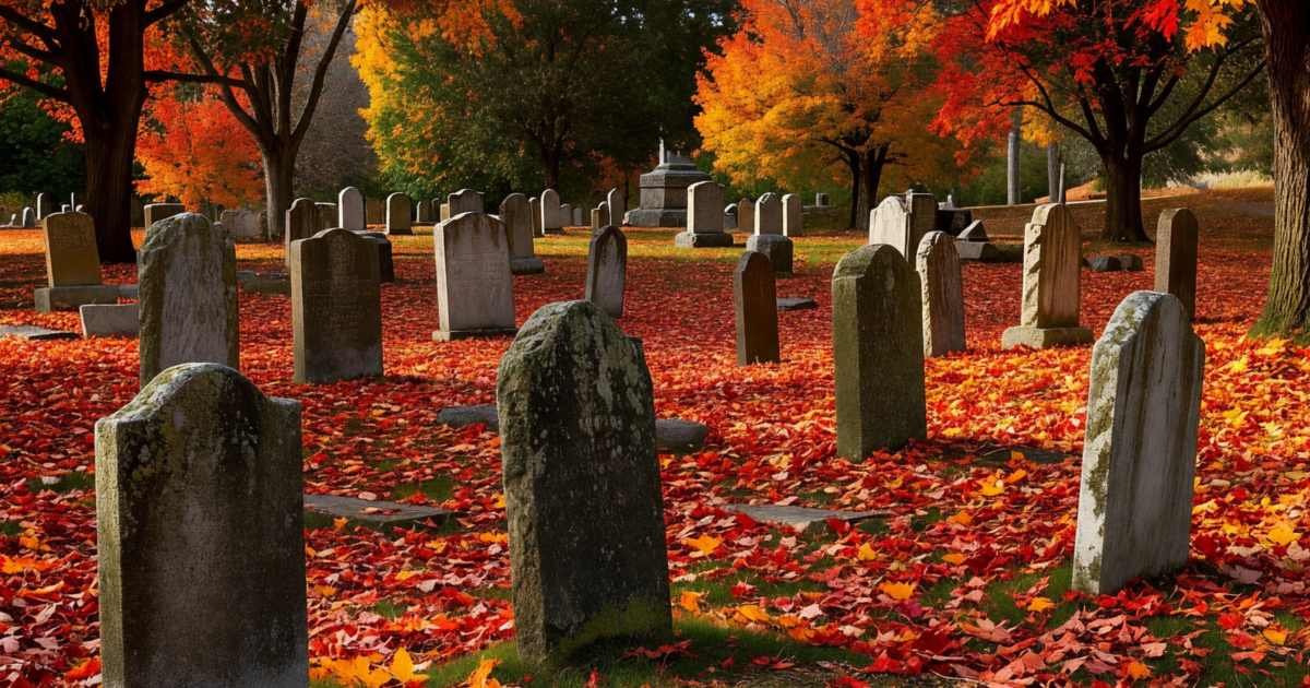 A quiet cemetery with old headstones under autumn maple trees, illustrating cremation versus burial costs.