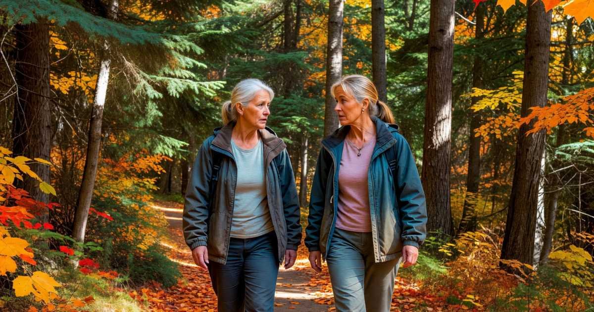A woman in her forties walking on a forest trail with her sister, talking seriously, illustrating critical illness insurance in Canada.