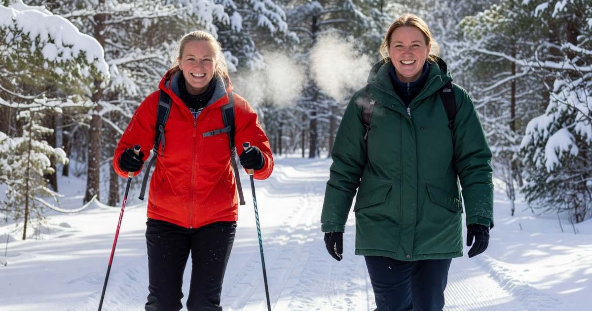 A woman in a red jacket cross-country skiing along a groomed trail while her friend in a green jacket walks beside her on snowshoes, illustrating cross-country skiing and snowshoeing on a budget in Canada.
