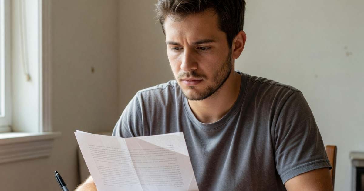 A young man reading the fine print on a plain folded paper at his apartment table, pen in hand, illustrating the CRTC Internet Code and your switching rights.