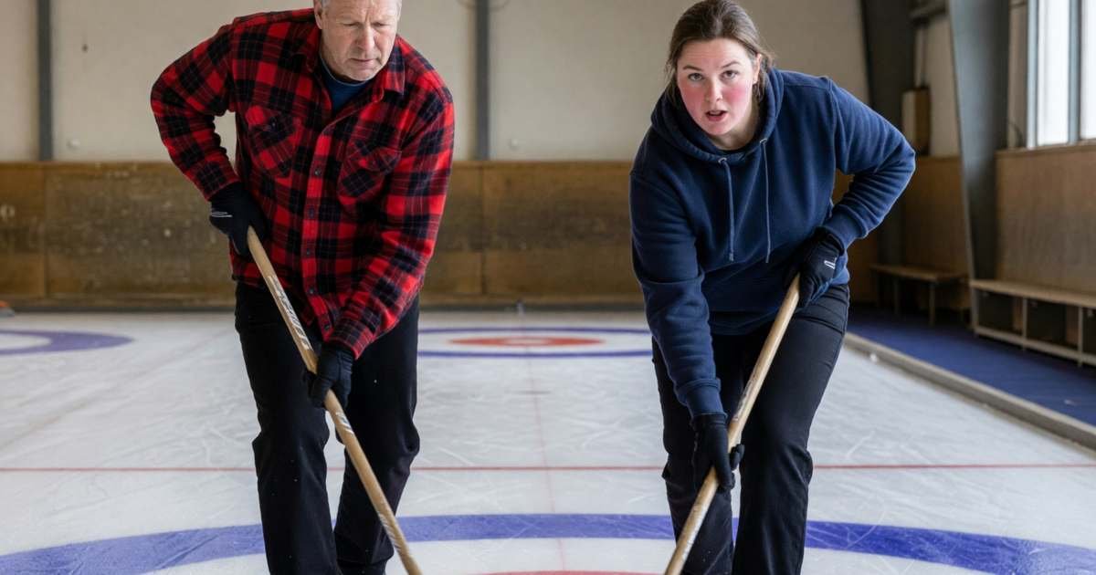 Curlers sweeping in front of a sliding stone in a curling club, illustrating curling club membership costs.