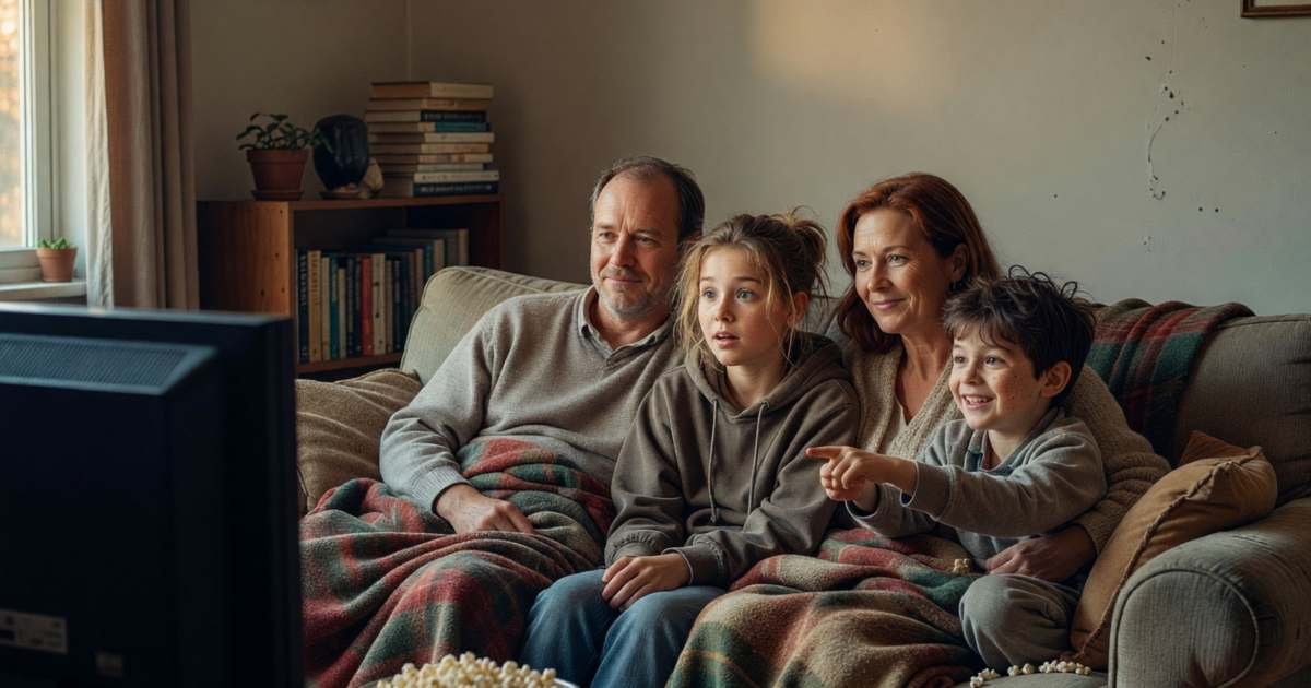 A family on a sofa watching a movie together with popcorn, lit by the screen glow, illustrating cutting cable TV while keeping fast internet.