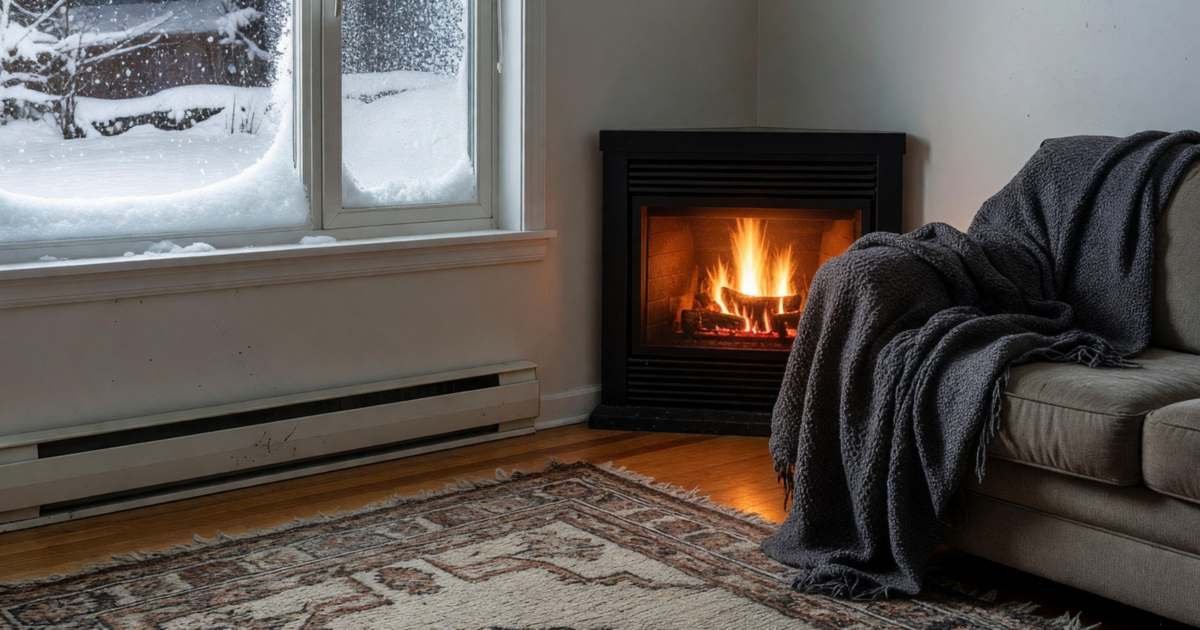 A cozy living room with a baseboard electric heater under a window and a natural gas fireplace glowing in the corner, illustrating natural gas vs electric heat costs in Canada.