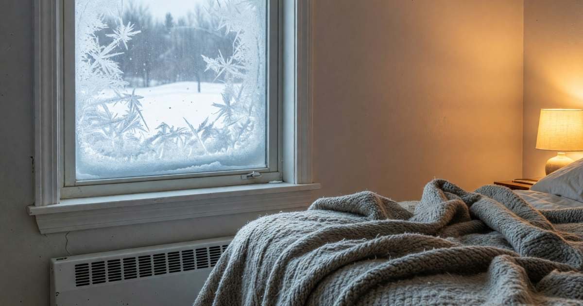 An electric baseboard heater under a window in a cosy bedroom, a wool blanket on the bed, illustrating cutting electric baseboard heat costs in Canada.
