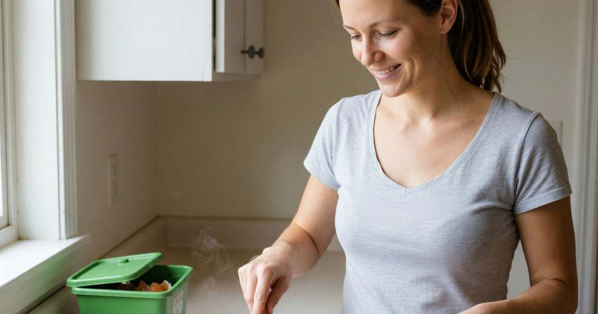 A woman turning wilting vegetables and leftover rice into a stir-fry in a big pan, illustrating cutting food waste and saving money on Canadian groceries.