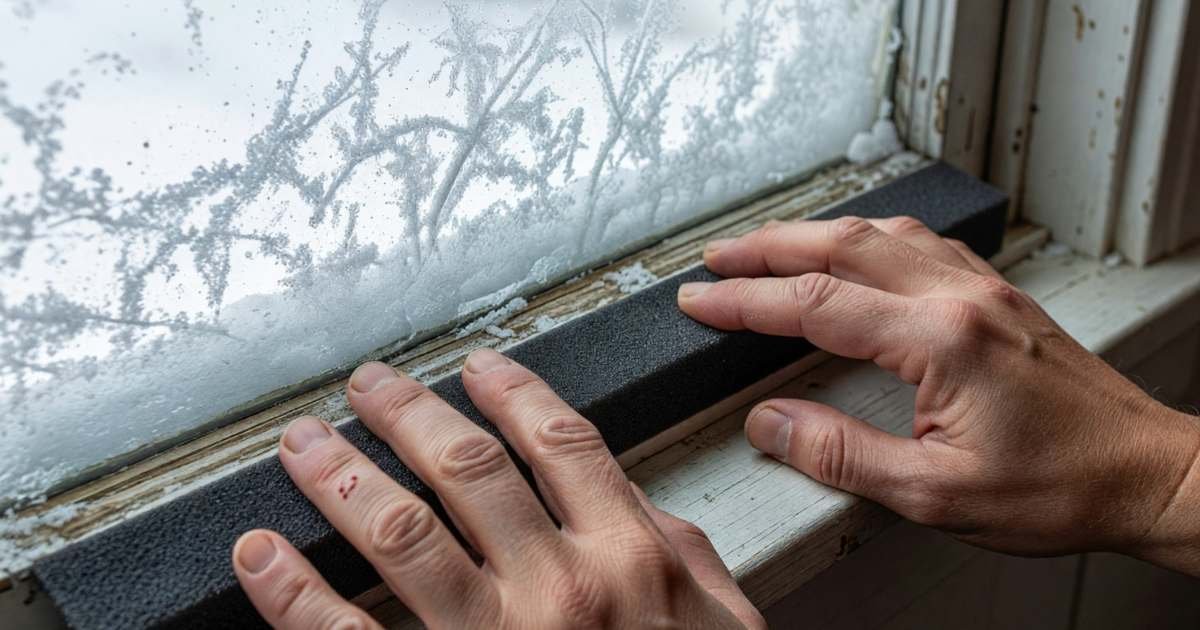 Close-up of hands pressing a strip of weatherstripping foam along the edge of a window frame, illustrating cutting home energy costs in a Canadian winter.