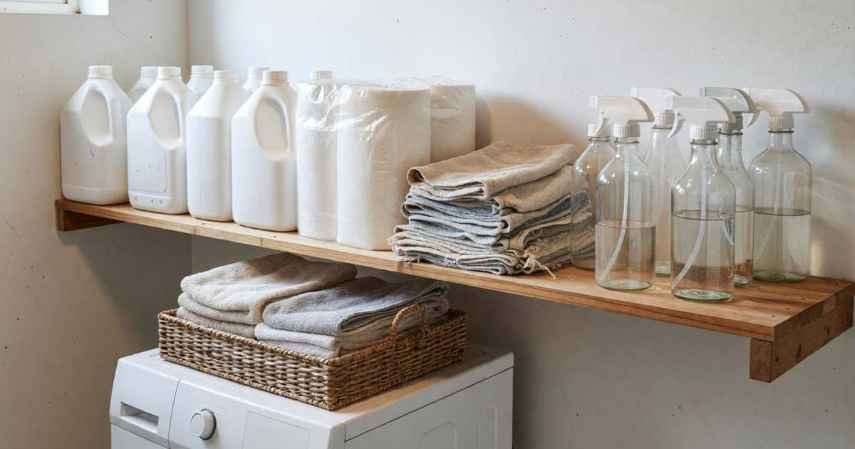 A laundry room shelf with refill jugs of laundry detergent, a bulk pack of paper towels, reusable cloths and glass spray bottles, illustrating cutting the household supplies bill in Canada.