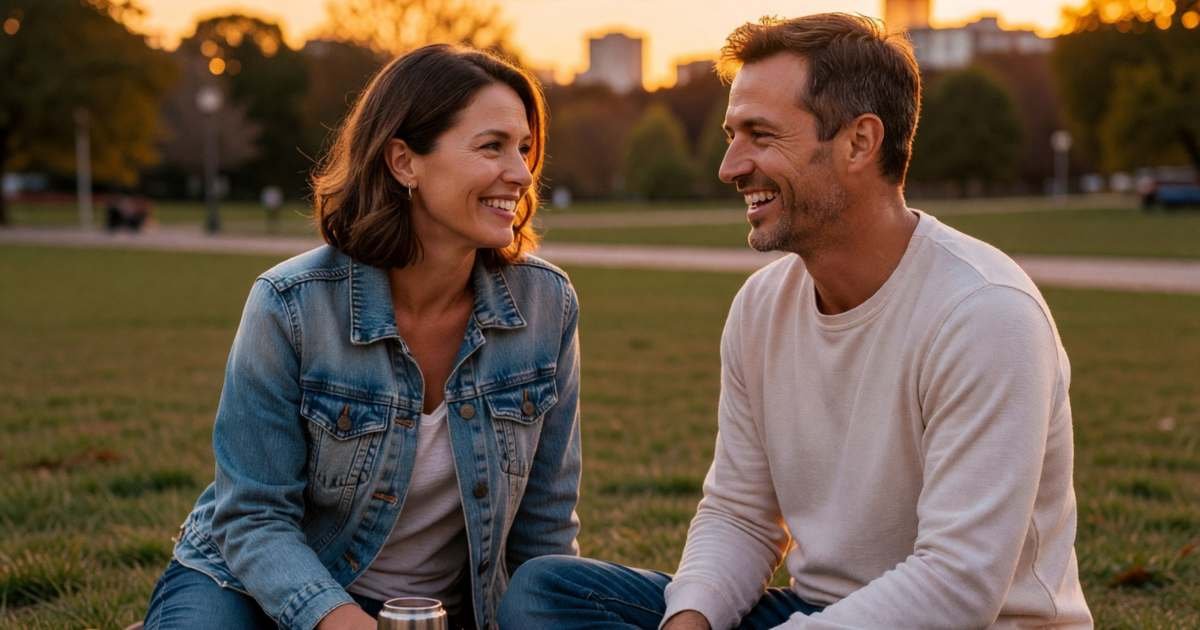 A couple sharing a picnic on a blanket in a city park at sunset, illustrating date night ideas on a budget.