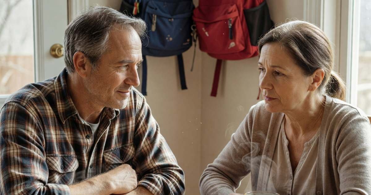 A middle-aged couple at their dining table after the kids are in bed, talking seriously but warmly over cups of tea, illustrating a practical debt payoff plan for Canadian households.