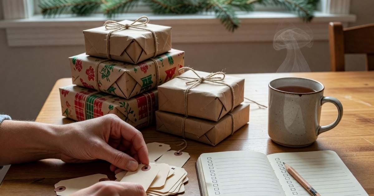 Close-up of a person's hands sorting a few blank gift tags, a small stack of wrapped presents and a plain paper notebook with hand-drawn tick boxes, illustrating a December holiday spending plan for Canadians.