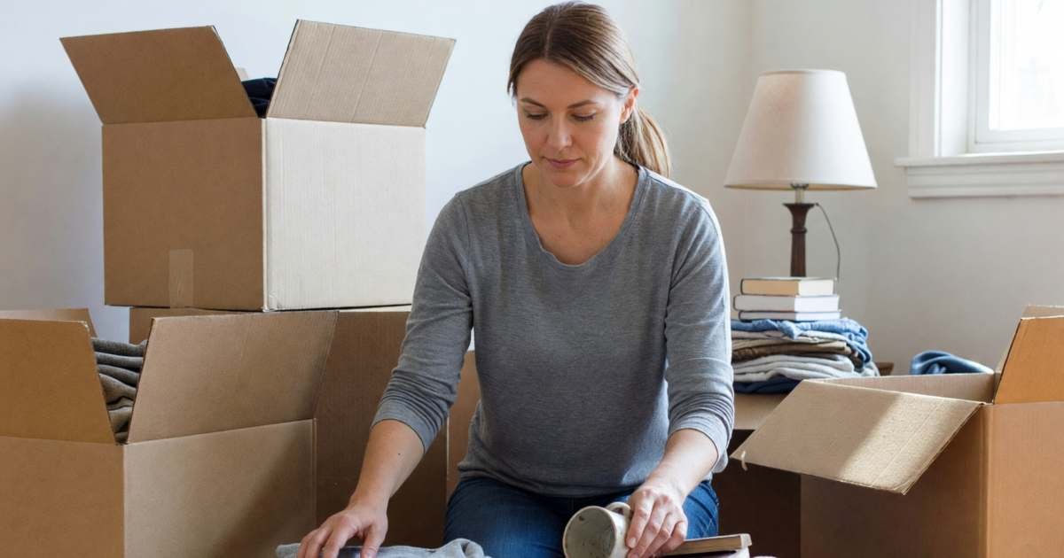 A woman sorting belongings into keep and donate piles on a living room floor before a move, illustrating decluttering to cut moving costs in Canada.