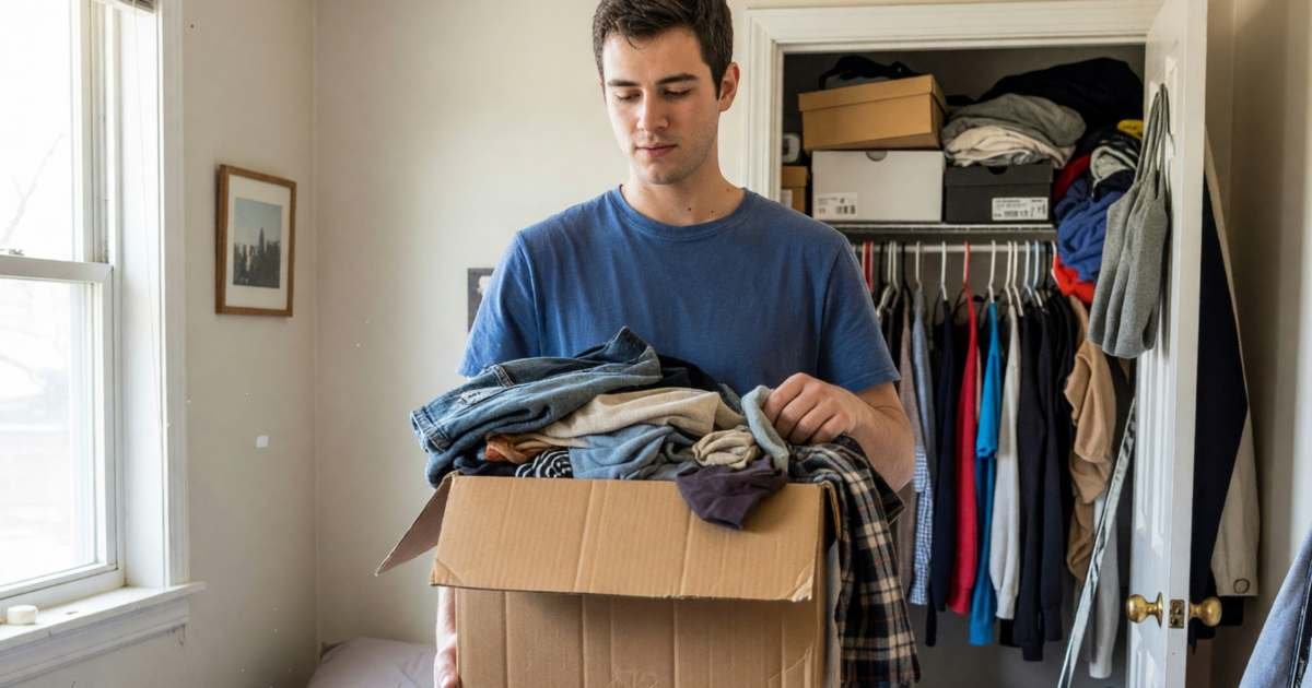 A young man standing in a small, cluttered bedroom holding a box of old clothes, deciding what to clear out, illustrating decluttering to avoid paying for a bigger rental in Canada.