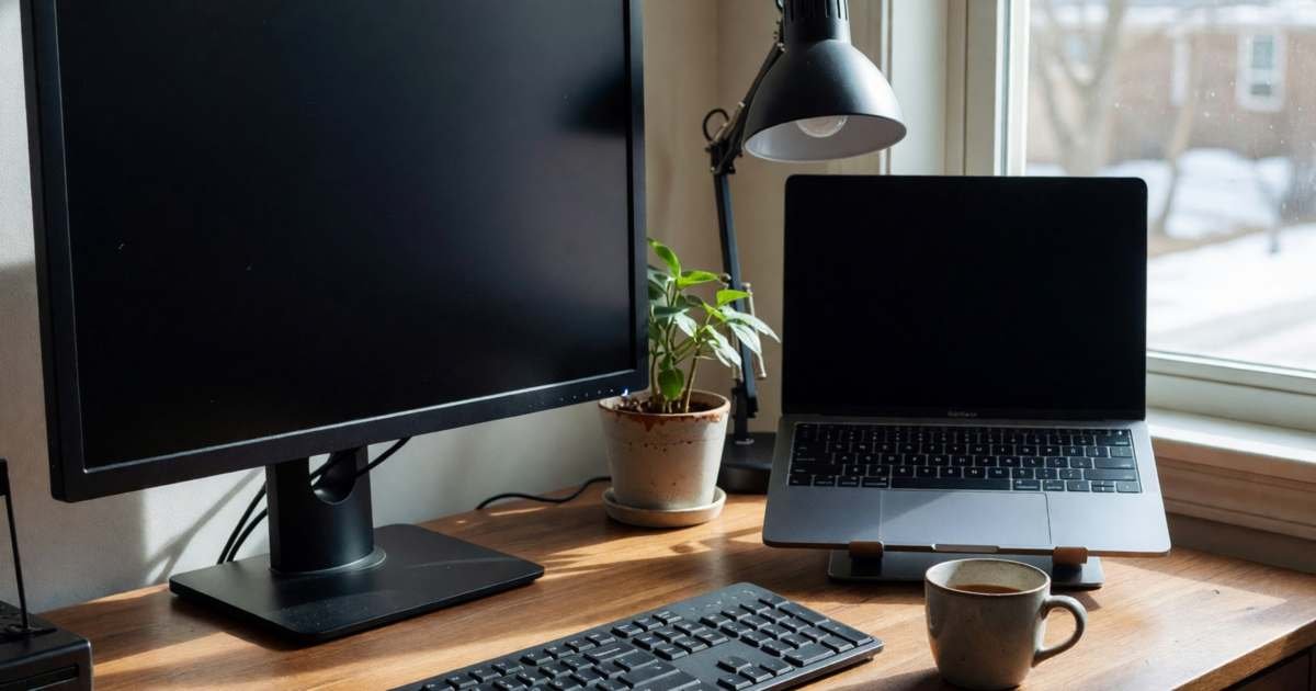 A home office desk with a monitor, a laptop on a stand, a keyboard and a desk lamp by a window, illustrating deducting a computer or monitor for work in Canada.