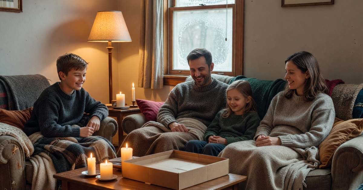 A family in sweaters relaxing in a dim living room by candlelight and a lamp on a cold evening, illustrating demand response and peak saver programs in Canada.