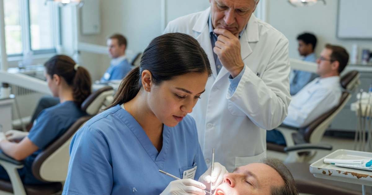 A dental student treating a patient under supervision of an instructor in a teaching clinic, illustrating getting dental work without overpaying in Canada.