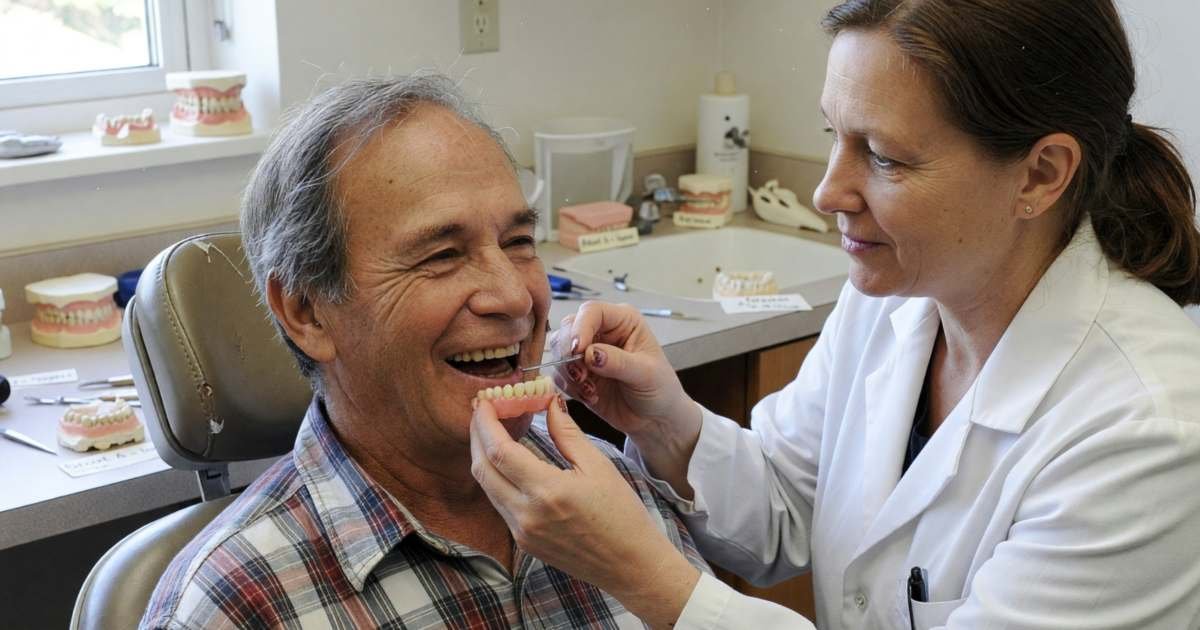 A smiling man in his seventies being fitted for dentures by a denturist, illustrating dentures in Canada, costs and public programs.