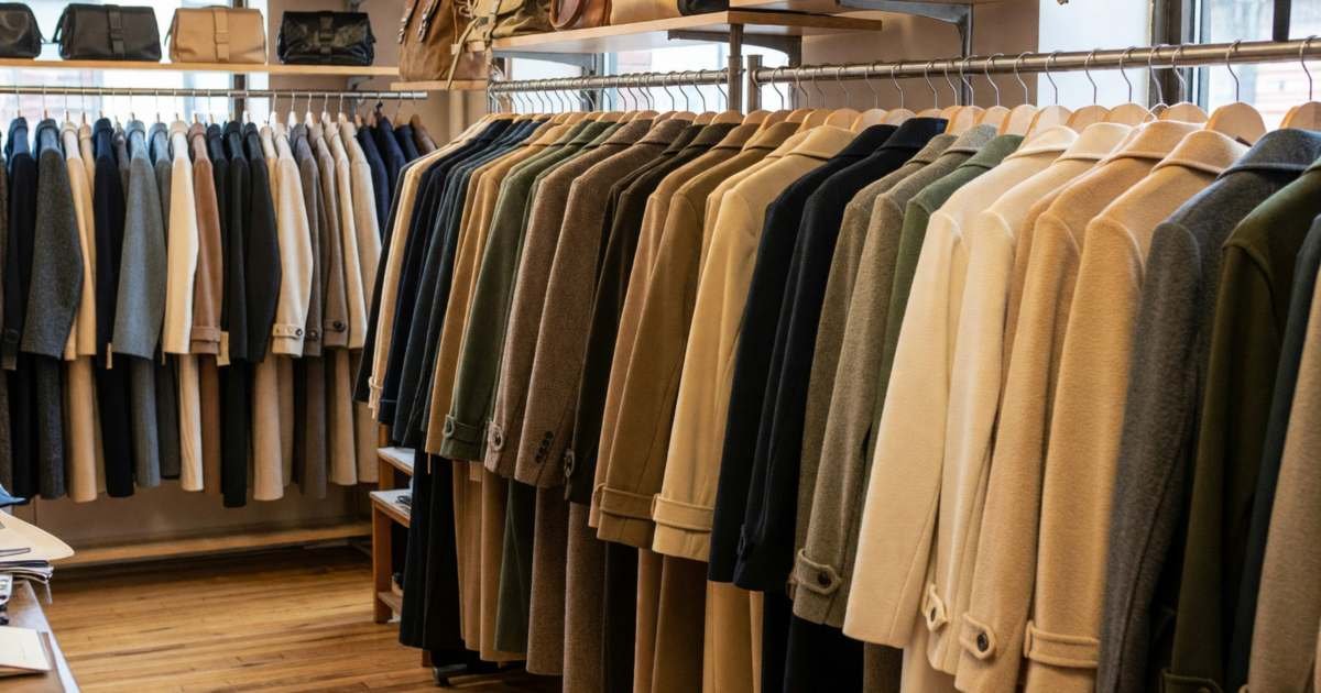 A curated consignment boutique with racks of quality coats and handbags on shelves, illustrating consignment shopping for designer and quality clothing.