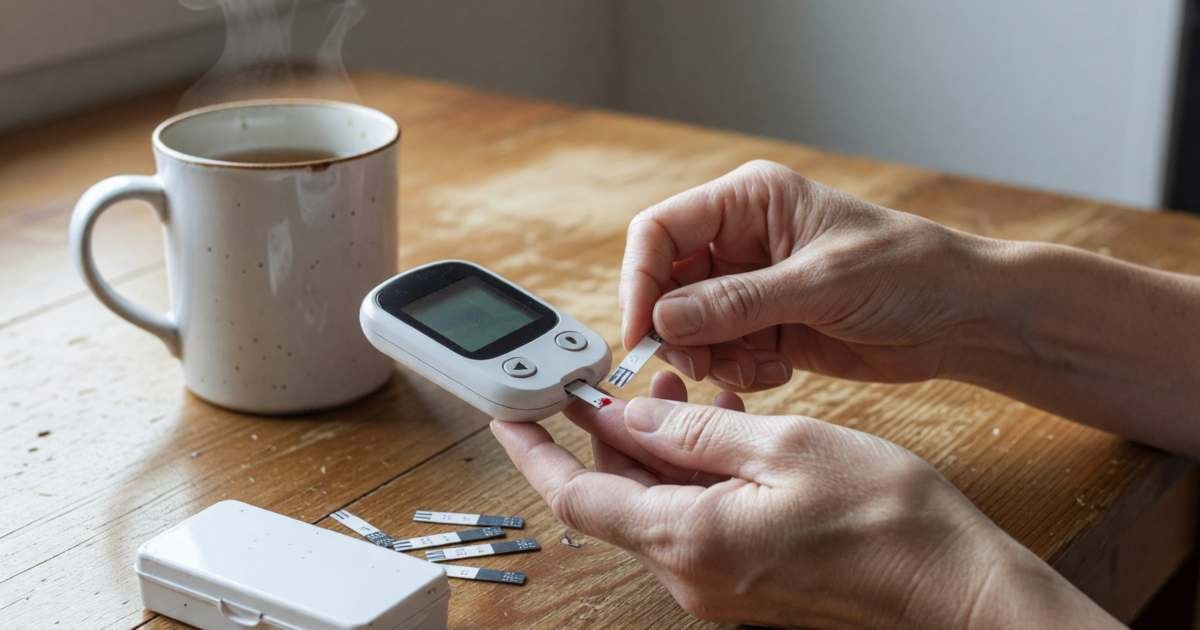 A woman's hands using a finger-prick glucose meter at a kitchen table, illustrating cutting diabetes supply costs in Canada.