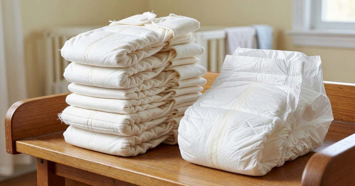 A changing table with a stack of cloth diapers beside a pack of plain disposable diapers, illustrating cloth versus disposable diaper costs.