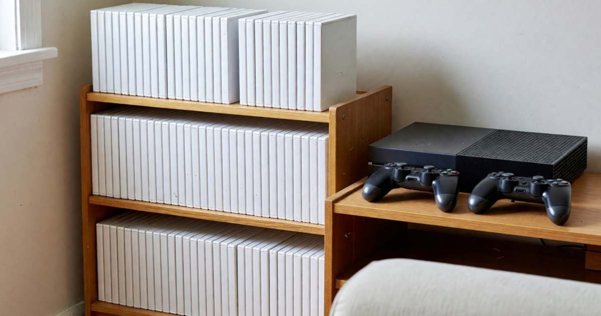 A shelf of video game cases without artwork next to a game console and two controllers, illustrating digital versus physical games.