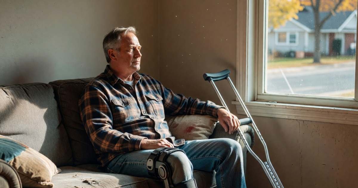 A man with a knee brace sitting on his sofa with crutches beside him, looking out the window, illustrating disability insurance and workplace LTD gaps in Canada.