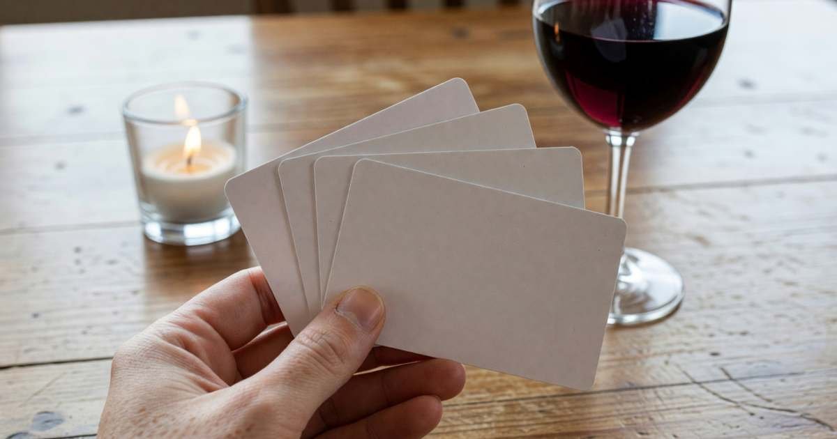 A hand holding a few blank gift cards fanned over a restaurant table, illustrating discounted entertainment gift cards.