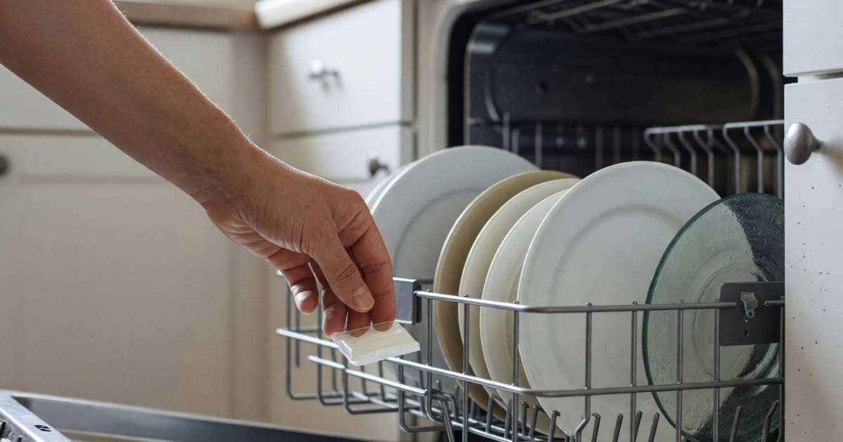 A hand placing a dishwasher pod into an open dishwasher door dispenser, illustrating dishwasher pods versus powder versus gel cost per wash.