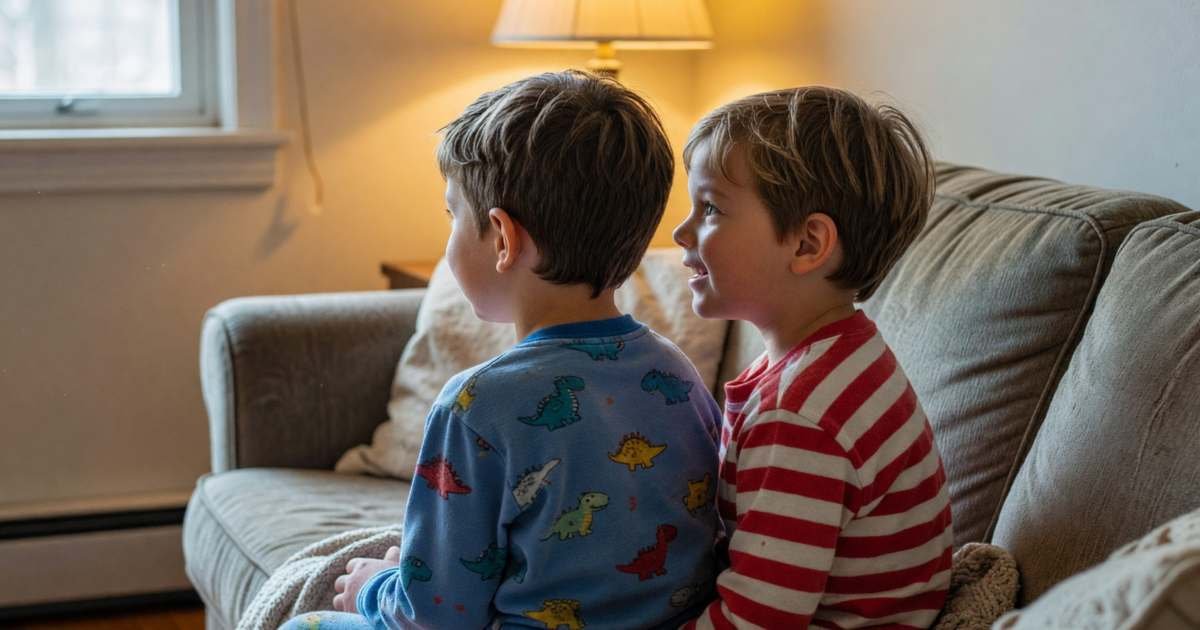 Two young kids in pyjamas watching a cartoon on a sofa, seen from behind, illustrating Disney+ cancel paths and avoiding double billing.