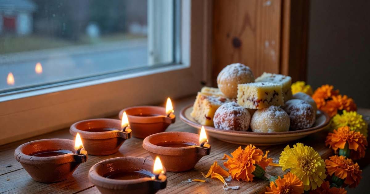 Clay diyas lit on a windowsill with a plate of homemade sweets, illustrating Diwali on a budget in Canada.