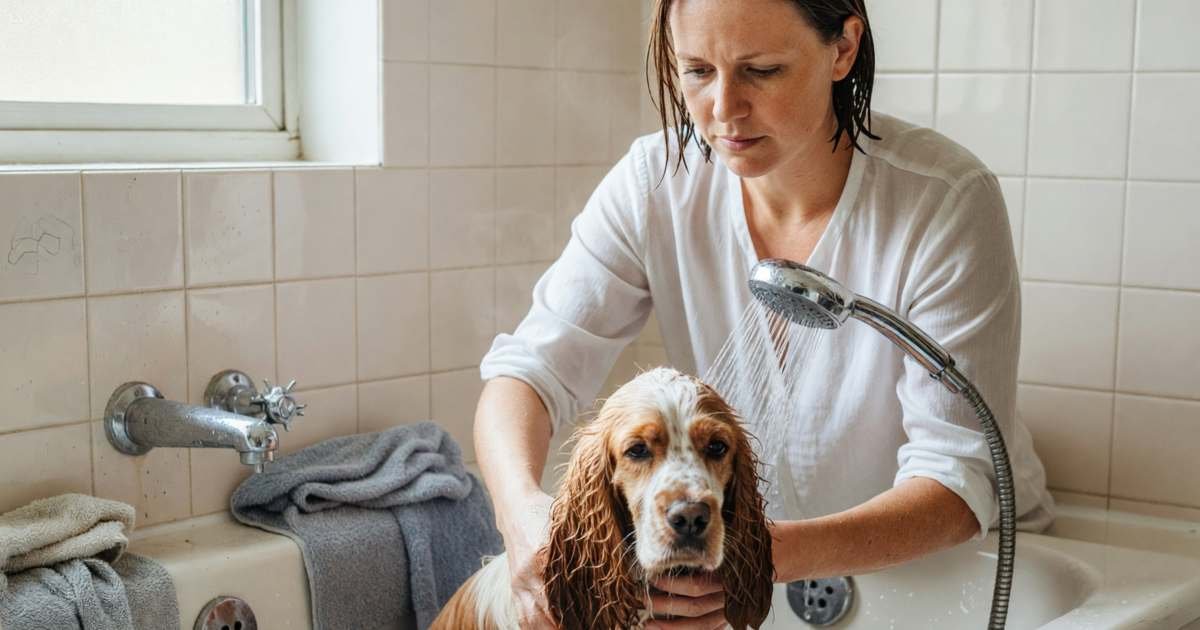 A woman bathing a wet, unimpressed spaniel in a bathtub at home, illustrating DIY dog grooming versus a groomer.