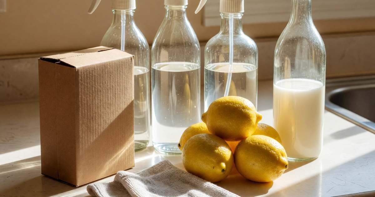 Plain glass spray bottles, a box of baking soda without printing, lemons and a bottle of vinegar on a counter, illustrating DIY household cleaners in Canada.