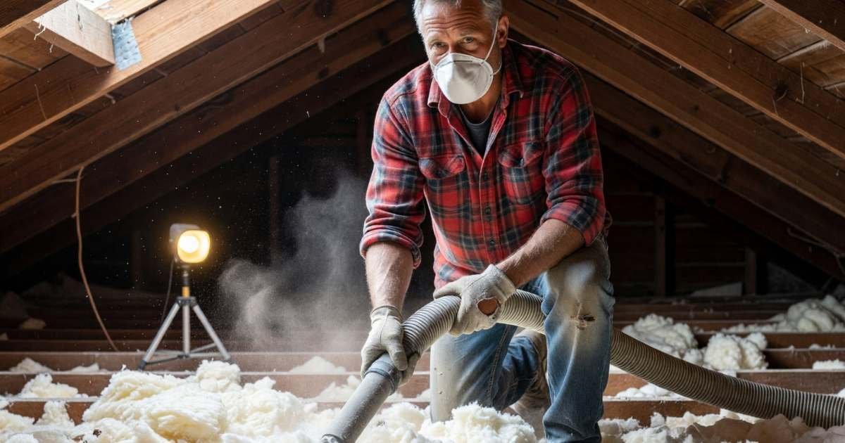 A man in a dust mask spreading blown-in insulation in an attic with a hose, illustrating attic insulation R-values, DIY versus pro, and bill savings.