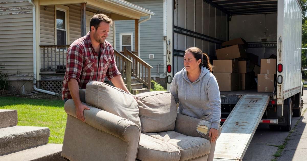 Two friends carrying a sofa down the front steps of a house towards a rented moving truck, illustrating DIY moving versus hiring movers in Canada.