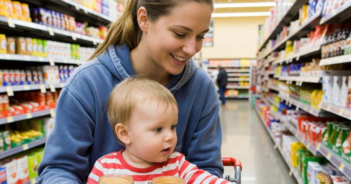 A young mother with a toddler in the cart seat comparing two plain jars of peanut butter in a big-box store aisle, illustrating whether Walmart Canada price matches groceries in 2026.
