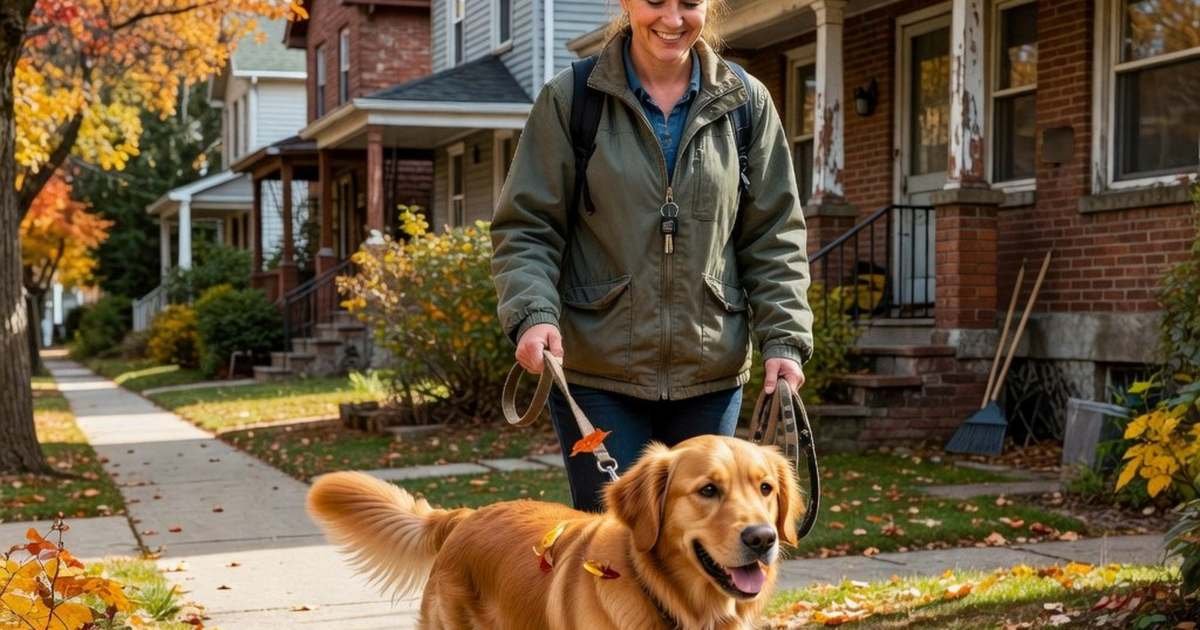 A pet sitter walks a golden retriever on a leafy Canadian residential street, illustrating the choice between dog boarding, a pet sitter and a house sitter in Canada.