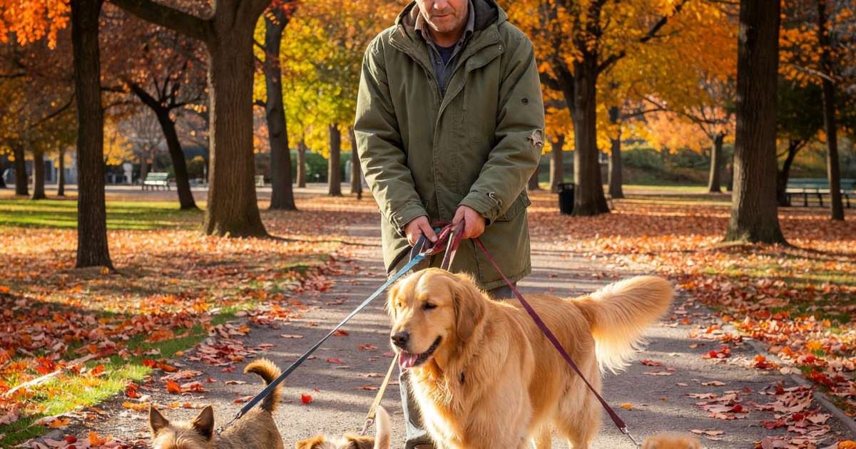 A dog walker walking four dogs of different sizes along a park path, illustrating dog daycare versus dog walker costs in Canada.