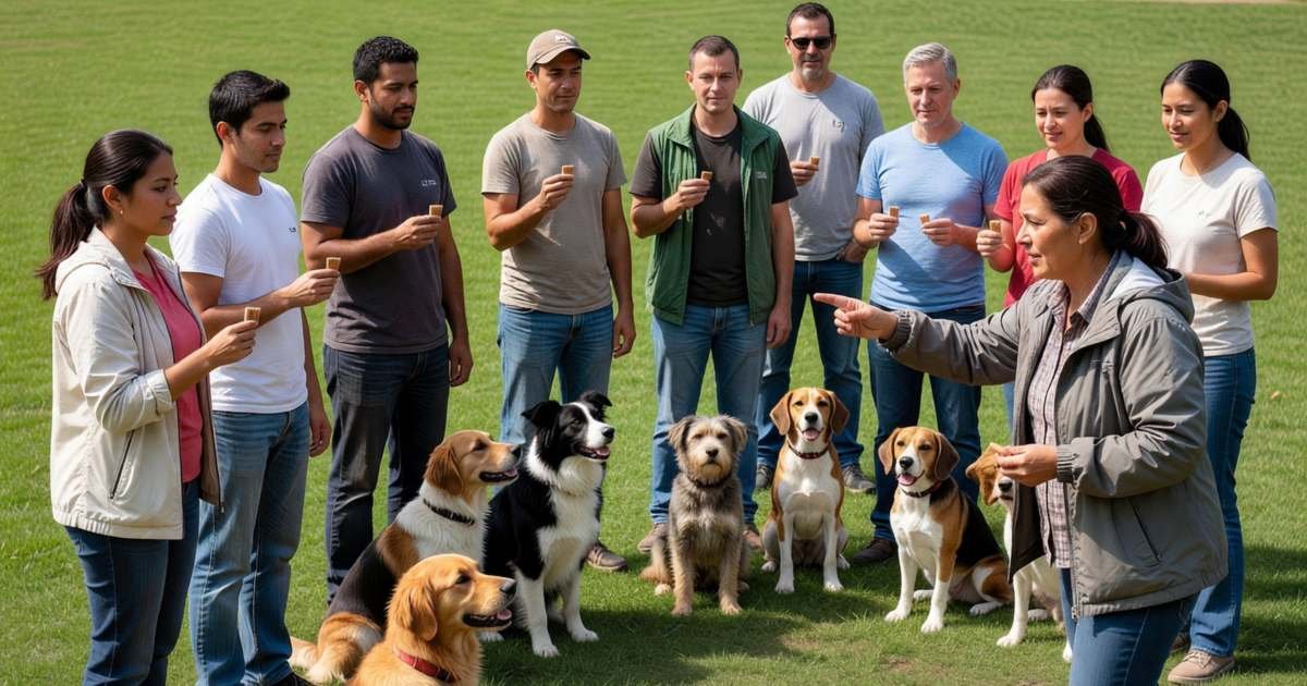 A group dog training class on a grassy field, owners holding treats as their dogs sit, illustrating dog training costs, group classes versus private trainers.