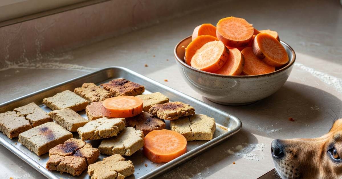 Homemade dog treats cooling on a baking sheet beside a bowl of sweet potato slices, illustrating dog treats and chews on a budget.