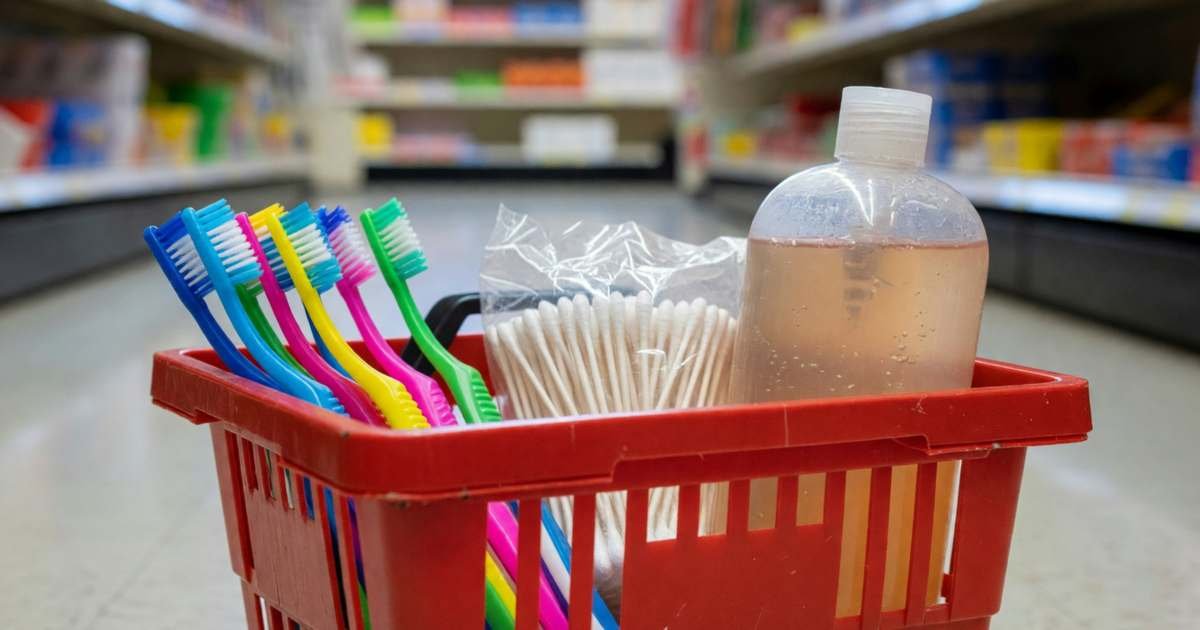 A dollar-store shopping basket with toothbrushes, cotton swabs and hand soap, illustrating dollar-store toiletries that are a bargain.