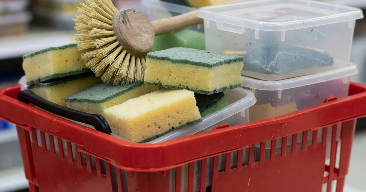 A shopping basket filled with cleaning supplies, sponges, a dish brush and storage bins, illustrating Dollarama versus Walmart versus Costco for household supplies.
